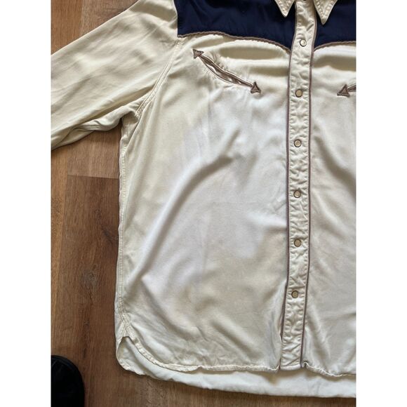 Vintage The J. Peterman Co Ivory Blue Pearl Snap Western Shirt Top  Mens Size XL - Picture 11 of 14